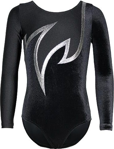 GymStern Turnanzug Java Spezial Samt - Stretch-Material langarm Gymnastikanzug Turnbody langärmlich, Größe:146/152, Farbe:Samt Schwarz - Silber