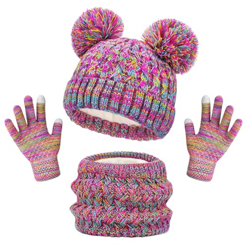 beifon Kinder Wintermütze Schal Touchscreen Handschuhe Set, Mütze Schal Mädchen Set Jungen Loop Schal Warme Winter Beanie Hut Schlauchschal Set mit Fleece Gefüttert für 1-6 Jahre