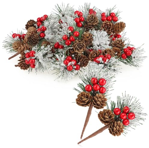 com-four® 20x Deko-Zweig mit Lärchenzapfen, roten Beeren und Baumnadeln - Streudeko weihnachtlich - Dekozweig für Kränze und Gestecke (20 Stück - rote Beeren weiß)