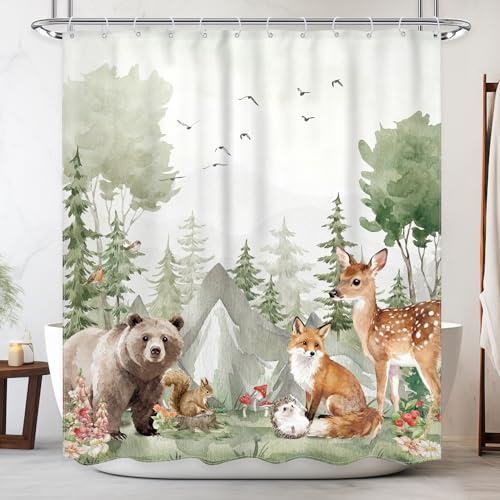 Newsely Rustic Nursery Woodland Animals Shower Curtain for Kids 60Wx72H Inch Cute Wildlife Country Safari Bear Deer Plant Bathroom Set for Children Waterproof Bath Decoration Accessories Home Decor