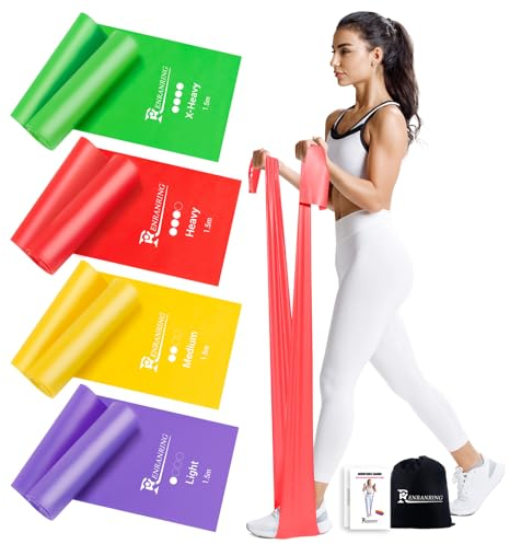RENRANRING 4er Fitnessbänder, 1.5m Gymnastikband mit 4 Widerstandsstufen, Fitnessband mit Tragasche & Übungsanleitung,ideal für Yoga, Pilates Crossfit, Muskelaufbau