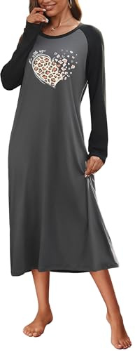 Ekouaer Camicia da Notte Donna Lunga Invernale Manica Lunga Girocollo Stampato, Grigio Scuro, XXL