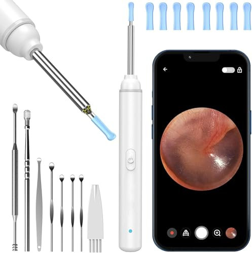 Otoscopio 1920P 3,5 mm, Pulisci Orecchie con 6 Luci LED, per iPhone, iPad e Android, Bianco