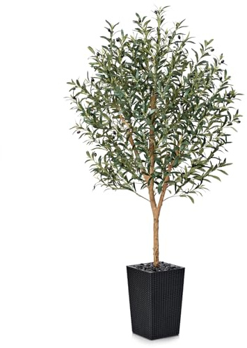 VeriNatural Artificial Olive Tree 180cm Fake Plant - Large Artificial Plants Indoor with Real Wood Trunk & Black Tapered Pot with River Pebbles - Decorative Faux Tree for Home, Office & Outdoor, VN133