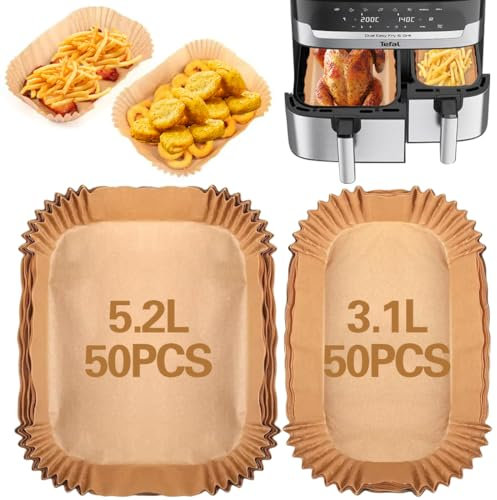 Pack of 100 Baking Paper for Tefal EY9018 Dual Easy Fry EY905D 5.2/3.1 L, Baking Paper for Hot Air Fryer Philips Dual Basket Airfryer 3000 Series, Moulinex 8.3 L, DMS, Cecotec, Air Fryer Accessories