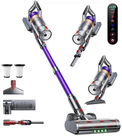 INTETURE Akku Staubsauger,50KPa/600W/65Min Staubsauger Kabellos mit wandmontierbarer Ladestation,Grünlicht-Automatikmodus&Touchscreen,Anti-Verhedderung-Bürste Kabelloser Staubsauge für Bodenbeläge
