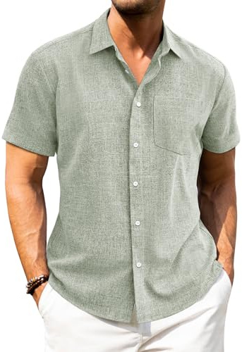 J.VER Mens Linen Shirts Short Sleeve Summer Beach Holiday Regular Fit Casual Button Down Shirt