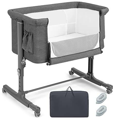 COSTWAY Culla Neonato Fianco Letto 3 in 1, Lettino Dondolo Neonati con Materasso, Culla da Campeggio con Ruote e Borsa, Regolabile In Altezza, Inclinazione di 10°, per Bambini 0-6 Mesi (Grigio Scuro)