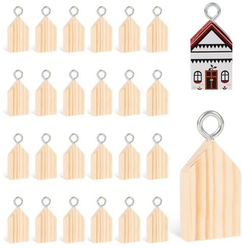 24 st olackerade träblock, jul, trähus, obehandlat hus, trähantverk, tomt kub trä i husform för pyssel för gör-det-själv-hantverk, målning, hängande jul hus