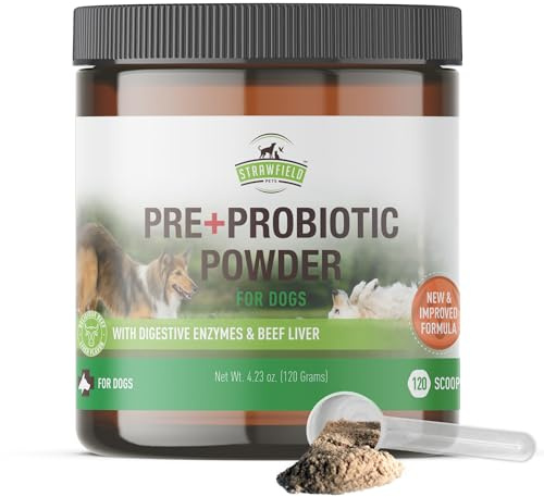 Strawfield Pets Pre + Probiotic Powder for Dogs with Digestive Enzymes Dog Probiotics for Yeast, Itchy Skin and Itchy Ears Natural Beef Liver Flavor 120 Scoops