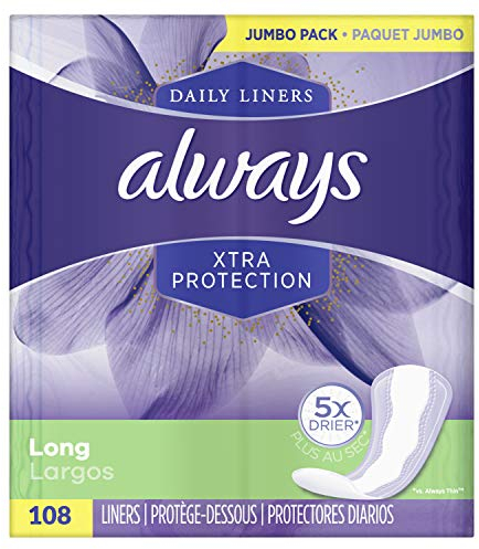 Always Xtra Protection Daily Liners, Long, 108 Count, Pack of 4 (Total 432 Count)