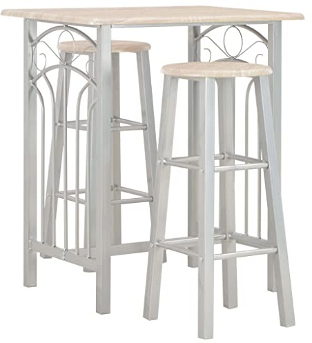 vidaXL Set da Bar 3 pz Tavolo e Sedie con Poggiapiedi Bancone 2 Sgabelli Alti Angolo Cucina Arredi per Esterni in Legno e Acciaio Rovere e Grigio