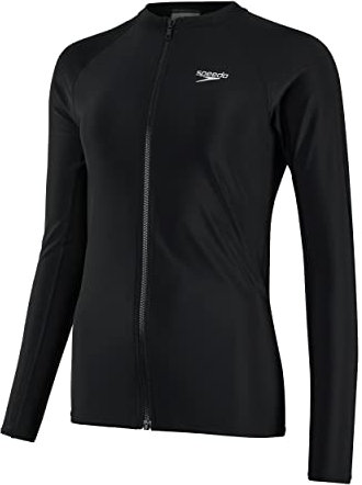 Speedo Damen Langärmliges Rash Top mit durchgehendem Reißverschluss als Sonnenschutz | UV-Schutz | Reißverschluss vorne Schwimmbekleidung, Schwarz, M