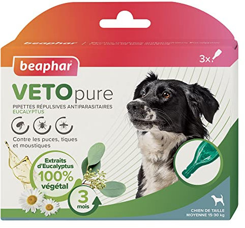 BEAPHAR – VETOPURE – Pipettes répulsives antiparasitaires pour Chien Moyen (15-30 kg) – Aux extraits d'Eucalyptus et Pyrèthre – Contre Les puces, tiques et moustiques – Protection 3 Mois – 3 pipettes