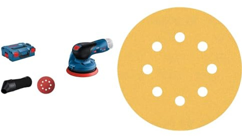 Bosch Professional 12V System GEX 12V-125 - Lijadora excéntrica a batería (Ø plato 125 mm, sin batería, en L-BOXX) + 50x Lijas Expert C470 (para Madera dura, Pintura sobre madera, Ø 125 mm, grano 120)