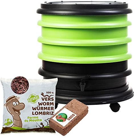 WormBox | Wurmkomposter Wurmfarm Wurmkiste mit 3 Schalen Grün + 250g Kompostwürmer / 500 STK + 1 Coco | 48 Liter | Regenwurmkomposter, Kompostwürmer produzieren Wurmhumus