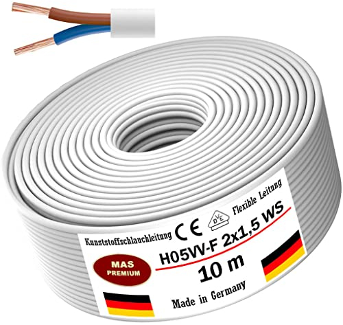 MAS Premium Von 5 bis 100m Kunststoffschlauchleitung H05VV-F 2, 3 oder 5 x0,75; x1; x1,5 oder x2,5 und 4G0,75 Flexible Leitung Kabel Leitung Gerätekabel (H05VV-F 2x1,5 WS, 10m)