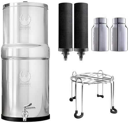 PHOENIX GRAVITY 6 L Stainless Steel Gravity Water Filter | AISI 304 | NSF/ANSI 42 & 372 Certified 2 Smart Carbon Cartridges, 2 POSTreat Fluoride Removal Cartridges, Stainless Steel Stand Included