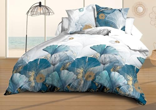 Le Linge de Jules Parure Drap Plat + Drap-Housse 140x190 + 2 Taies - Microfibre Douce et résistante - Entretien Facile - Ginko, Bleu