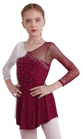 inhzoy Abito da Pattinaggio Artistico Bambina Manica Lunga Vestito da Balletto Ginnastica Artistica Body da Danza Classica Ballerina Strass Leotards Vestito da Ballo Lirico Borgogna A 11-12 Anni
