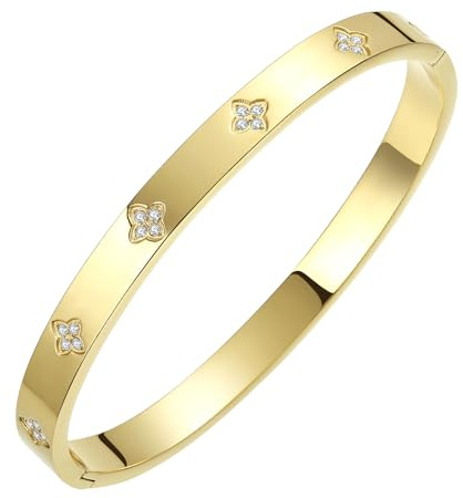 BOLAGTIER Guld armband för kvinnor fyrklöver tur kärlek kubisk zirkonia armband, Small (Fits wrist circumference 5.51-6.89 inches), Rostfritt stål, Cubic Zirconia