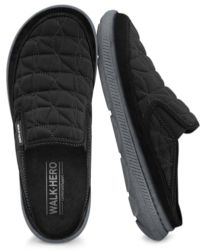 Mens Slippers for Plantar Fasciitis, Slip on Arch Support House Slippers for Men, Lightweight Indoor Outdoor Wide Toe Box Shoes for Men with Cushioned Outsole (Black, 10)