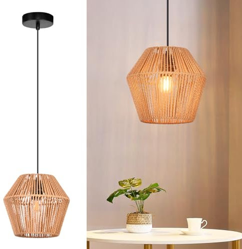 GBLY Hängelampe Vintage Rattan Pendelleuchte: Boho Esszimmerlampe 150 cm E27 Hängeleuchte Rustikal Esstischlampe Hängend Max.40W Korblampe für Wohnzimmer Schlafzimmer Küche ohne Leuchtmittel