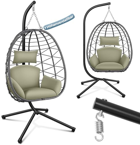 Makika Hängesessel mit Gestell höhenverstellbar Indoor & Outdoor inkl. Kissen - Korbhängesessel bis 150 kg Garten Schaukel aus Polyrattan faltbar ergonomisch - Wohnzimmer Balkon Terrasse in Grün/Grau