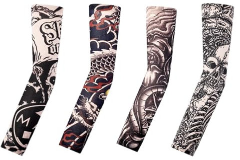 QEQSHQO 4 Set Tattoo-Ärmel, Stretch-Nylon, realistische temporäre Fake-Tattoo-Ärmel, Ärmel für Männer und Frauen, Sportschutz, Sonnenschutz, Belüftung