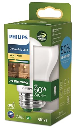 Philips Classic ultra-efficient LED ampoule classe énergétique A, équivalent 60W, culot E27, matt, éclairage blanc chaud (2700K), dimmable, nouvelle génération