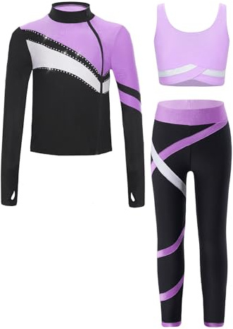 iEFiEL 3tlg. Mädchen Sportanzug Trainingsanzug Kinder Langarm Tops Weste und Leggings Atmungsaktiv Yoga Anzug Kinder Jogginganzug Fitnessbekleidung Helles Lila 134-140