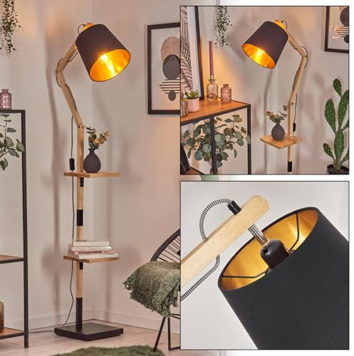 HOFSTEIN Stehleuchte Tukchor, verstellbare Stehlampe aus Holz/Metall/Stoff in Schwarz/Natur/Schwarz-Gold, im Boho-Design m. Ablageflächen u. Schalter, 152,5cm, E27, Wohnzimmer, Schlafzimmer, Esszimmer
