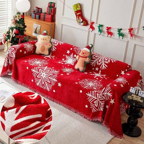 Highdi Xmas Funda de Sofá de Chenilla, Rojo Navidad Manta Cubre Sofa Multiusos para 1 2 3 4 Plazas, Mantas Foulard Cómoda Cubrecama Protector Sofa Universal (180x90cm,Copos De Nieve)