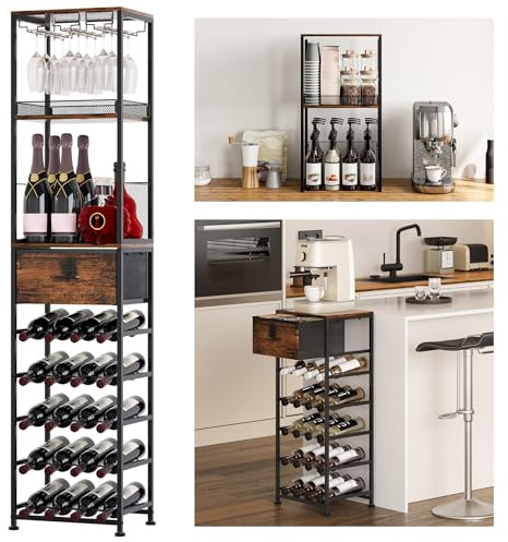 TQVAI Wine Racks Free Standing 2-in-1 Modular Split 7-Tier Wooden Wine Rack 40 Bottles Display Shelves Holder with Drawer Storage Organizer for Home Coffee Bar, Black/Antique
