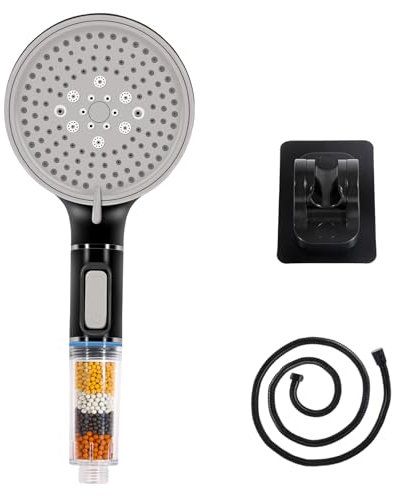XIKAYA Soffione Doccia e Doccino per Doccia con 4-Strati Filtro Anticalcare - 5 Livelli di Flusso, Tubo Alta Pressione per Acqua Dura