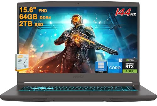 MSI Laptop delgada para juegos de 15.6 pulgadas FHD IPS 144Hz | Intel 8-core i5-13420H (>i7-12650H) | 64GB DDR4 2TB SSD | GeForce RTX 4060 | USB-C Win11Pro retroiluminado con accesorio DLCA