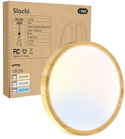 slochi Plafonnier LED, 3000K 4000K 6500K 3 Couleurs Lampe Plafond, 15W 1500LM, Moderne, Rond, IP44 Etanche Plafonnier Salle de Bain pour Cuisine, Chambre,Couloir, Garage, Balcon, Couleur du BoisØ18CM