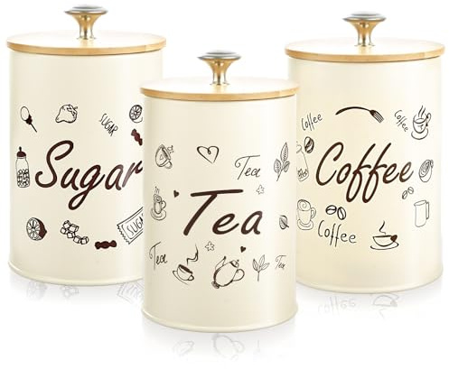 YOUNTHYE Juego de 3 botes de almacenamiento de metal para té, café y azúcar, 710 ml, con tapas herméticas de madera, recipientes de almacenamiento vintage para encimera de cocina