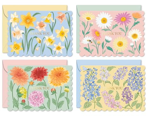 S&O Floral Thank You Cards with Envelopes – 36 Blank Cards – 4 Assorted Sunlit Meadows Designs with Gold Foil – 3.5x5 Pastel Thank You Note Cards – Pink, Green, Yellow & Blue Envelopes