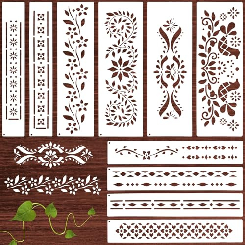 10 plantillas de decoración de muebles, plantillas de flores para pintar, plantilla de pintura reutilizable, diseño de pared, plantillas para bordes de esquina para bricolaje, madera, pared, artesanía