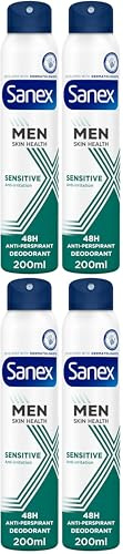 Sanex Men Sensitive Antiperspirant Deodorant Spray 200ml, anti-irritation formula, hypoallergenic formula, 48 hour sweat and odour protection, gentle on skin, developed with dermatologists (Pack of 4)