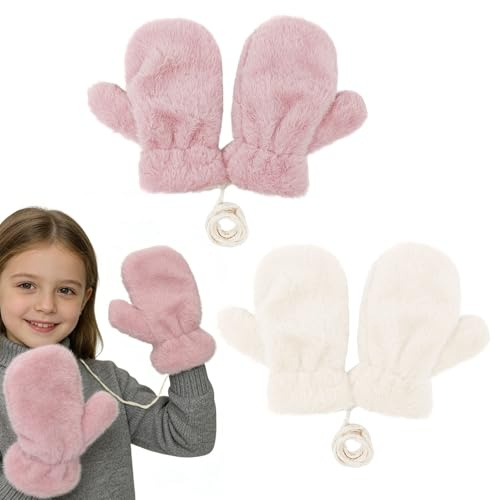 GYIOFAI 2 Paires Moufles Enfant, Gants Magiques Chauds pour Enfants, 3 à 8ans Enfants Thermique Mitaines avec Corde, Doigts Complets Hiver Thermique Gants, Moufle Epais pour un Usage Quotidien d'Hiver