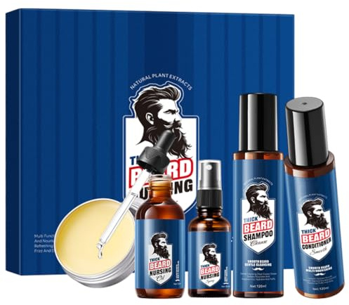 Beard Grooming Kit for Men 5 in 1 Mens Grooming Kit with Beard Shampoo & Conditioner, Oil, Balm & Moisturising Spray, Natural Ingredients Beard Care Set with Deluxe Gift Box for Him Dad Boyfriend