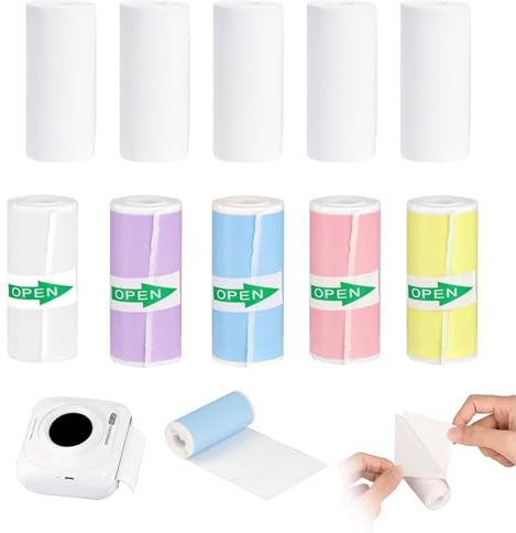 10 Rollos de Papel Térmico para Mini Impresoras, 5 Rollos de Papel Autoadhesivo en Colores y 5 Rollos Blancos, Compatible con Cámaras de Fotos para Niños e Impresoras Térmicas (57 x 25 mm)
