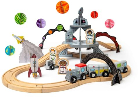 Bigjigs järnväg rymd tågset | 40 st träjärnväg för småbarn | Montessori station leksak | futuristisk raket & astronauter | FSC-certifierat trä | barn galaktisk lek kul | tidigt lärande gåva åldrar 3+