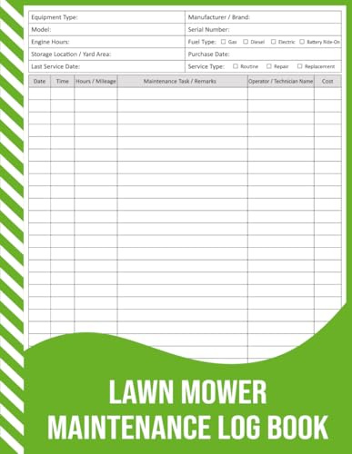 Lawn Mower Maintenance Log Book: Service, Repair & Engine Hours Record for Gas, Diesel, Electric & Ride-On Mowers.