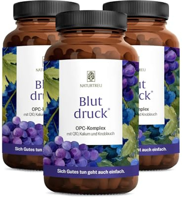 NATURTREU® Blutdruck - OPC Traubenkernextrakt hochdosiert 900mg Extrakt mit Q10, Kalium & schwarzem Knoblauch - Französische Trauben vegan - 270 Traubenkernextrakt OPC Kapseln hochdosiert
