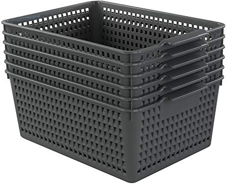 Rinboat Large Plastic Rectangle Storage Baskets, Gray, 6 Pack