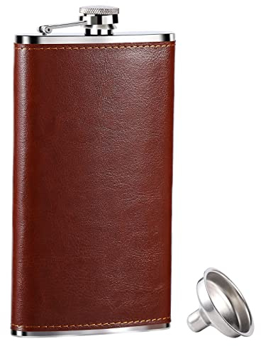 GENNISSY 10oz Whiskey Flask for Men - Stainless Steel Hip Flask with Brown Leather, Leakproof with Funnel & Never Lose Cap, Gift for Men(Groomsmen, Camping, Wedding)
