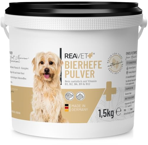 Poudre de levure de bière ReaVET pour Chiens et Chats 1,5 kg - levure de bière Pure moulue Contre la Chute des Poils et Les tiques, vitamines B Naturelles et biotine pour Chiens et Chats